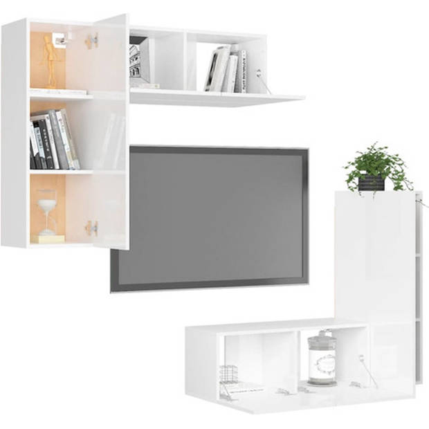 The Living Store Televisiemeubelset - Hoogglans Wit - 80x30x30cm / 30.5x30x90cm