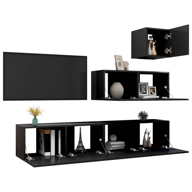 The Living Store Hangende tv-kasten - Meubelset - Muurbevestiging - Spaanplaat - Verschillende vakken - Zwart - Montage