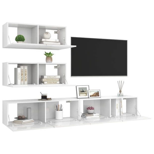 The Living Store Televisiemeubel - Hangende TV-kast - Spaanplaat - Hoogglans wit - 2x 80x30x30cm - 2x 100x30x30cm