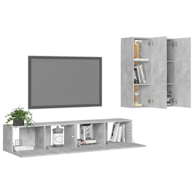 The Living Store tv-meubel set Wandmontage - Betongrijs - 80x30x30cm - 2x 30.5x30x90cm - Spaanplaat