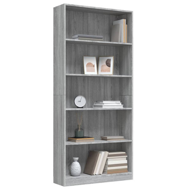 The Living Store Boekenkast Grijs Sonoma Eiken - 80 x 24 x 175 cm - 5-laags