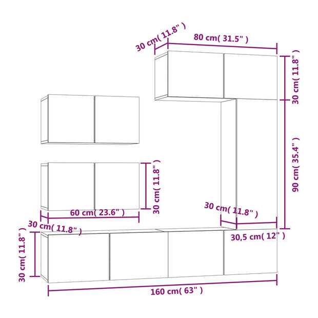 The Living Store TV-meubelset - klassiek design - voldoende opbergruimte - wandgemonteerd - wit - bewerkt hout - 3x