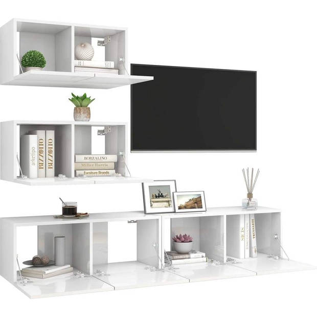 The Living Store Televisiemeubelset - TV-kast - Hoogglans wit - 60 x 30 x 30 cm / 80 x 30 x 30 cm - Spaanplaat