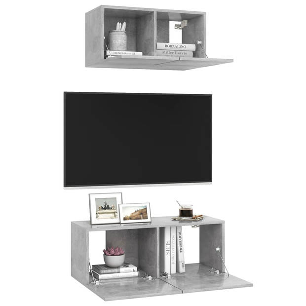 The Living Store TV-Meubelset Betongrijs - 60x30x30cm - 80x30x30cm - Stereokasten - Spaanplaat - Montage vereist