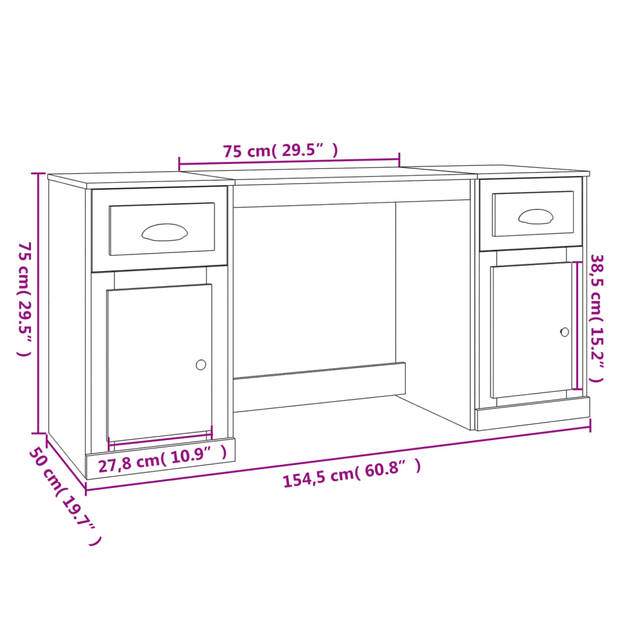 The Living Store Bureau Kast - 154.5x50x75cm - Hoogglans wit hout