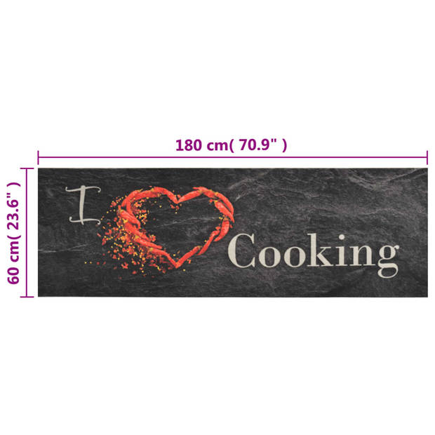 The Living Store Keukenmat Cookingprint Zwart - 180 x 60 cm - Duurzaam materiaal - Wasmachinebestendig - Op te rollen -