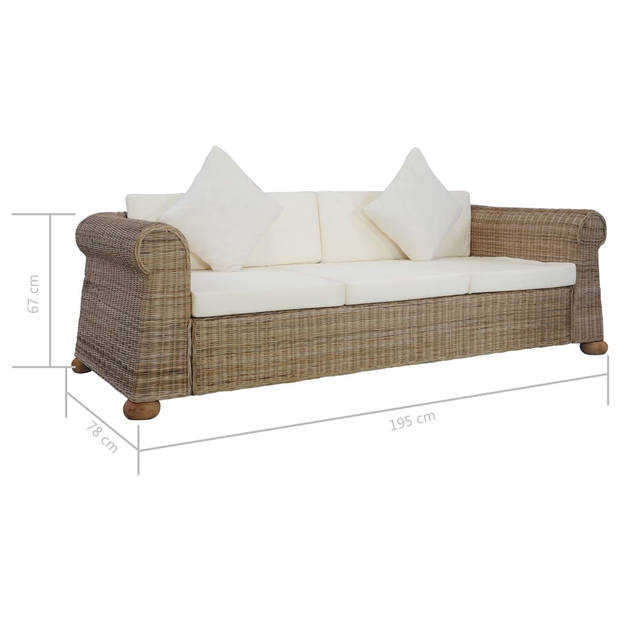 The Living Store Rattan Sofa Set - 195x78x67 cm - Natural Rattan - Removable Cushion Covers - Includes 3 seat cushions