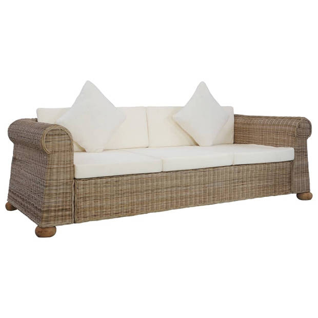 The Living Store Rattan Sofa Set - 195x78x67 cm - Natural Rattan - Removable Cushion Covers - Includes 3 seat cushions