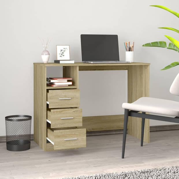 The Living Store Bureau Sonoma Eiken - 102x50x76 cm - Met 3 lades en 1 open vak