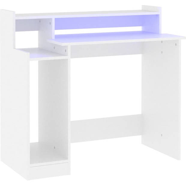 The Living Store Bureau LED-verlichting - 97x45x90 cm - Wit - Bewerkt hout