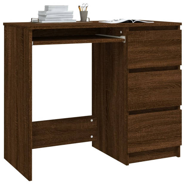 The Living Store Bureau Bruineiken - Bewerkt hout - 90x45x76 cm - Met 3 lades