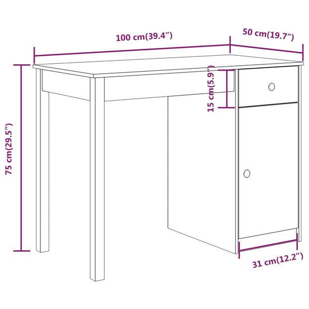 The Living Store Houten Bureau - Trendy - Bureau - Afmeting- 100 x 50 x 75 cm - Ken- Massief grenenhout