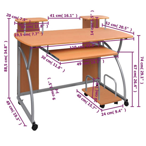 The Living Store Computerbureau - Bruin - 110 x 52 x 88.5 cm (B x D x H) - Duurzaam hout - Praktisch ontwerp