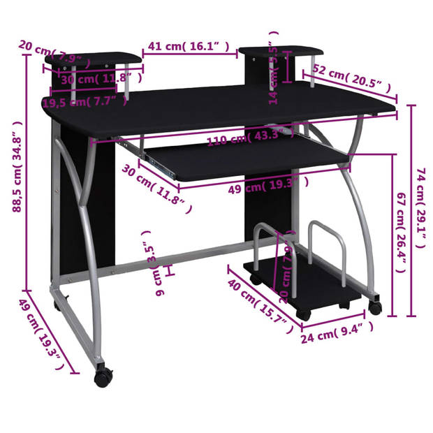 The Living Store Computerbureau - Zwart - 110 x 52 x 88.5 cm - Uitschuifbare toetsenbordlade