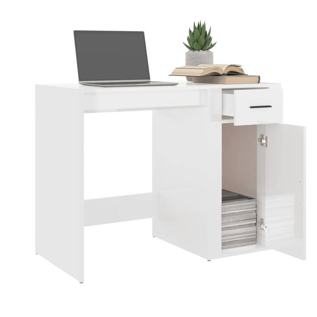 The Living Store Bureau - Hoogglans wit - 100x49x75cm - Duurzaam materiaal - Voldoende opbergruimte - Praktische deur -