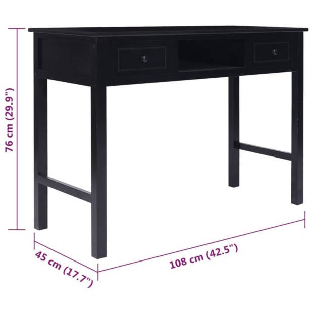 The Living Store Houten Bureau - Zwart - 108 x 45 x 76 cm - Massief Paulowniahout