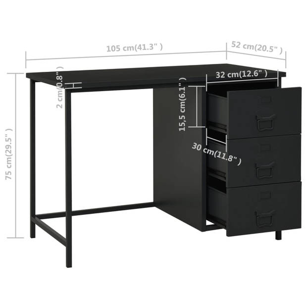 The Living Store Bureau Industriële Stijl - 105 x 52 x 75 cm - 3 Lades - Zwart