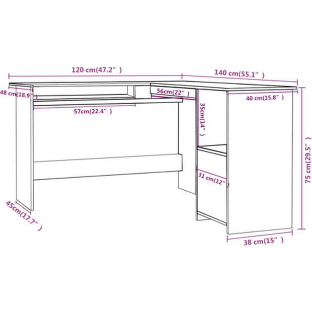 The Living Store L-vormig hoekbureau - bewerkt hout - 120 x 140 x 75 cm - zwart