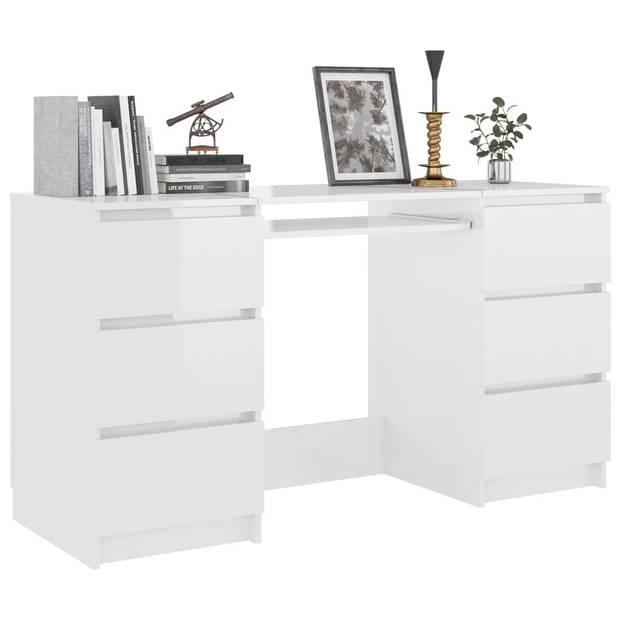 The Living Store Schrijftafel Bureau - 140 x 50 x 77 cm - Hoogglans Wit - 6 lades