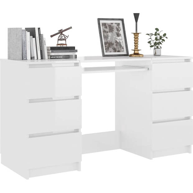 The Living Store Schrijftafel Bureau - 140 x 50 x 77 cm - Hoogglans Wit - 6 lades