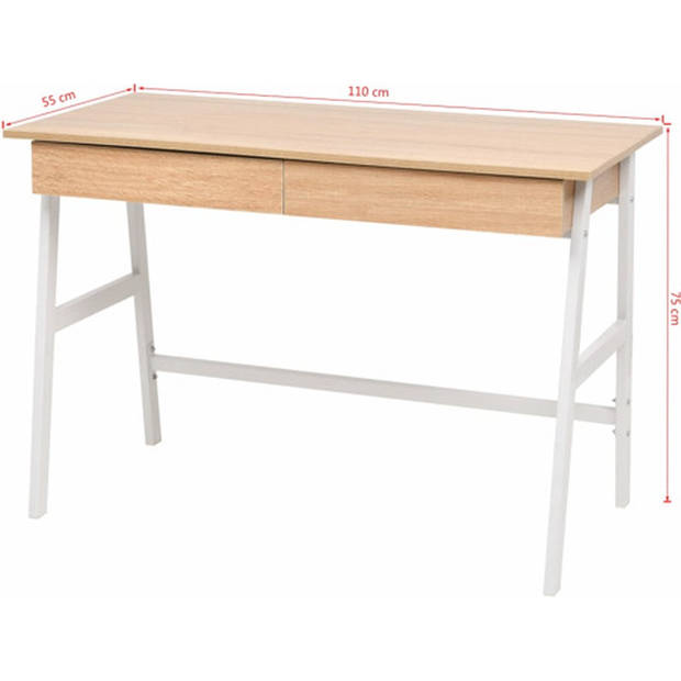 The Living Store Moderne Schrijftafel - Eiken en wit - 110 x 55 x 75 cm - Met 2 lades