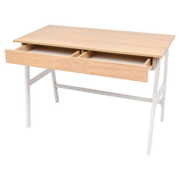 The Living Store Moderne Schrijftafel - Eiken en wit - 110 x 55 x 75 cm - Met 2 lades