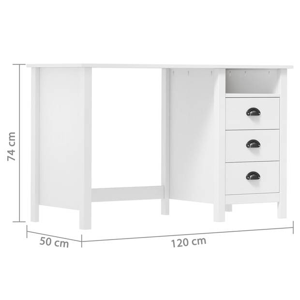 The Living Store Hill Computertafel - 120 x 50 x 74 cm - Massief Grenenhout - 3 Lades - 1 Schap