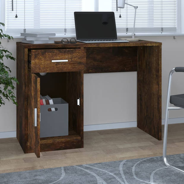 The Living Store Bureau Smoked Oak - Houten Bureau met lade en kast - 100x40x73cm