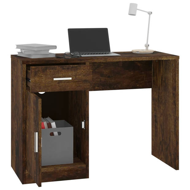 The Living Store Bureau Smoked Oak - Houten Bureau met lade en kast - 100x40x73cm