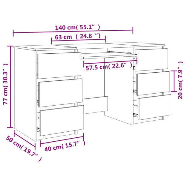 The Living Store Schrijftafel Computerbureau - 140 x 50 x 77 cm - met 6 lades - Sonoma eiken