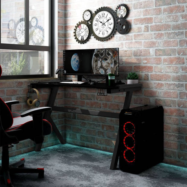 The Living Store Gamingbureau - LED - Ergonomisch - Koptelefoonrek - Bekerhouder - Ruimte voor monitors en