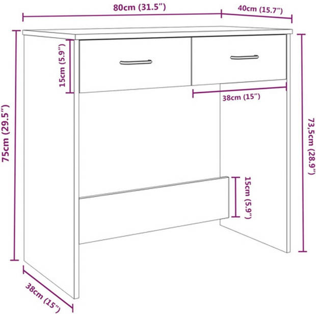 The Living Store Bureau Gerookt Eiken - Schrijftafel 80 x 40 x 75 cm - Met 2 lades