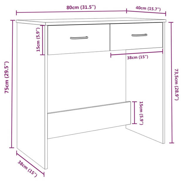 The Living Store Bureau Hout - Grijs Sonoma Eiken - 80x40x75 cm - Met 2 lades