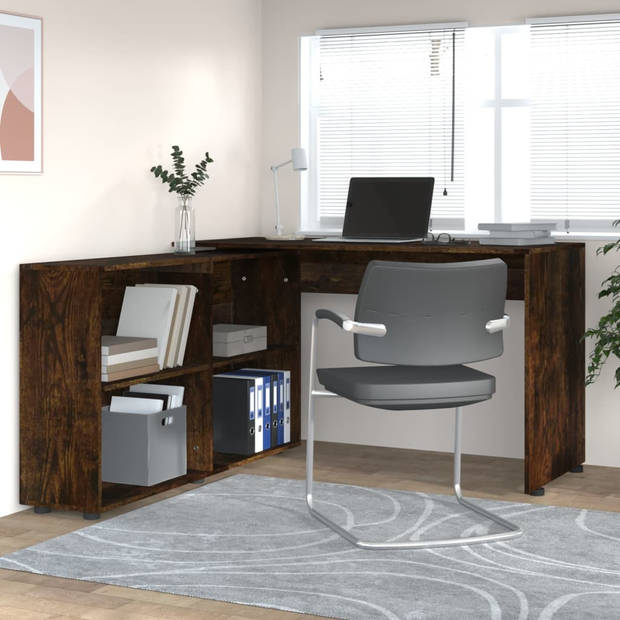 The Living Store Hoekbureau - Modern - Bureau met Boekenkast - 130 x 60 x 75 cm - Gerookt Eiken