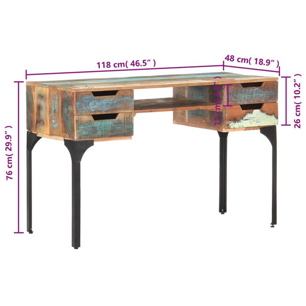 The Living Store Bureau Vintage - Massief Gerecycled Hout - 118 x 48 x 75 cm - 4 Lades - 1 Schap