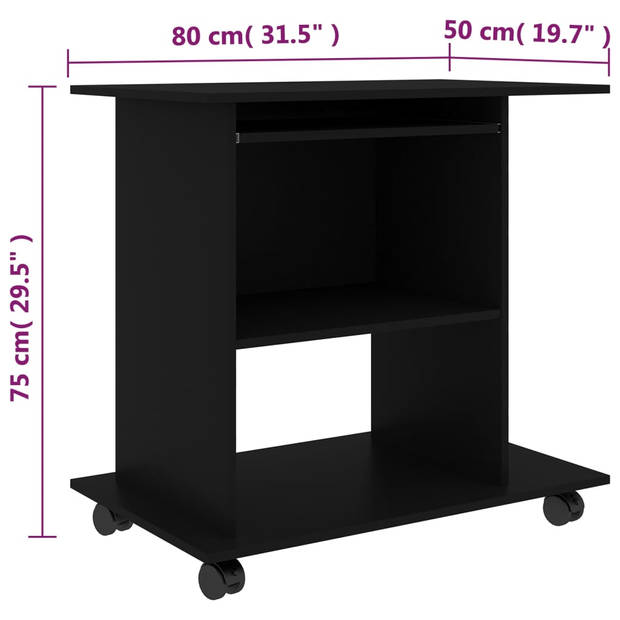 The Living Store Computerbureau - Compact - 80 x 50 x 75 cm - Uittrekbare toetsenbordlade - Wieltjes - Zwart -