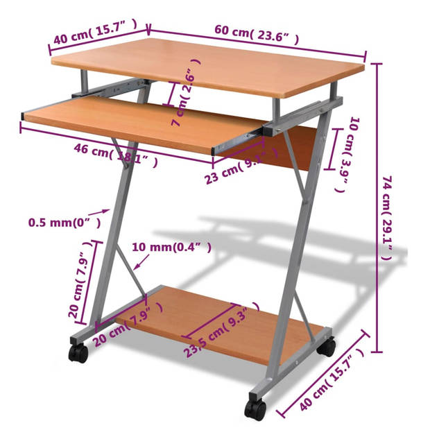 The Living Store Computerbureau - Compact - 60x40 cm - Uitschuifbaar toetsenbord - Onderste plank - Bruin