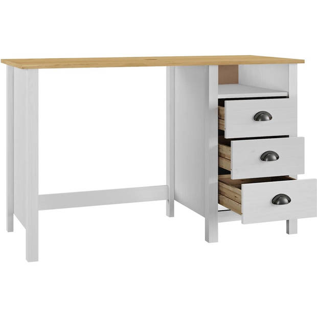 The Living Store Hill Bureau Wit/Lichthout 120x50x74cm - Massief Grenenhout - 3 lades - 1 schap