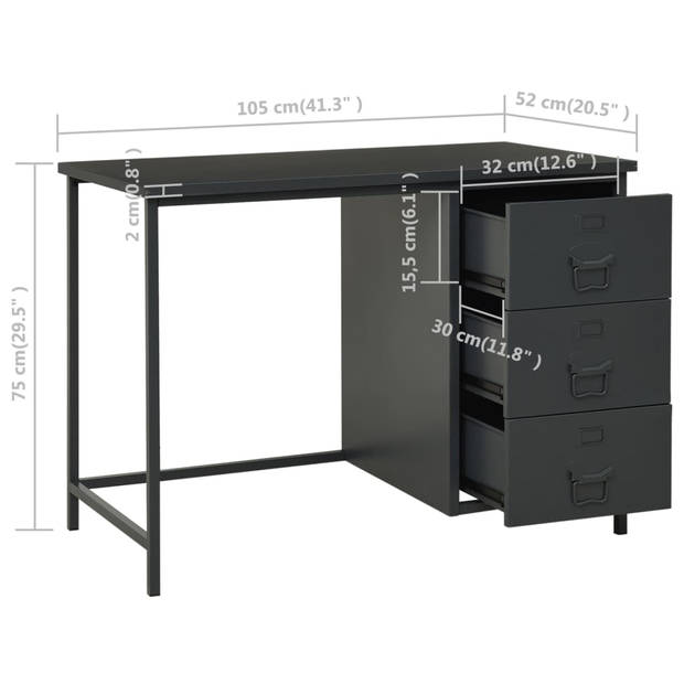 The Living Store Schrijftafel Industriële Stalen Bureau - 105x52x75cm - Antraciet