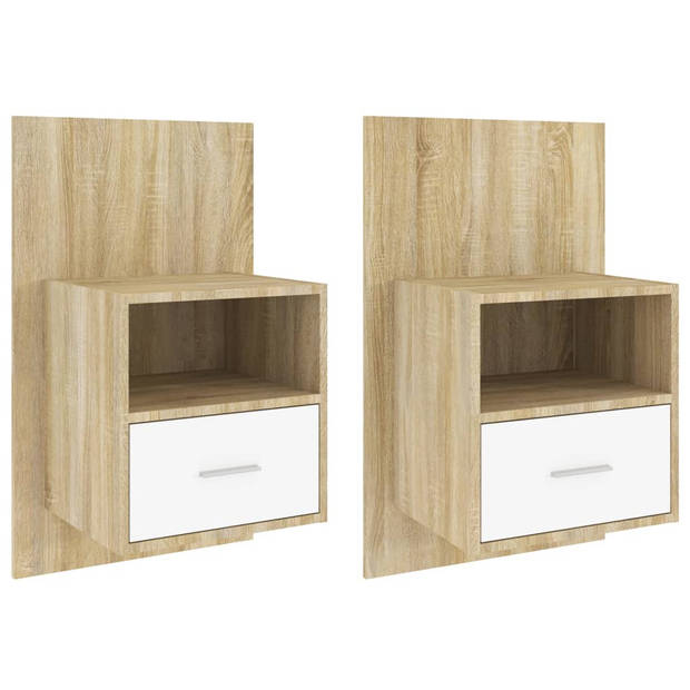 The Living Store Wandnachtkastjes - Wit en sonoma eiken - 48.5 x 32.5 x 80 cm - Opberglade - Multifunctioneel kastje -