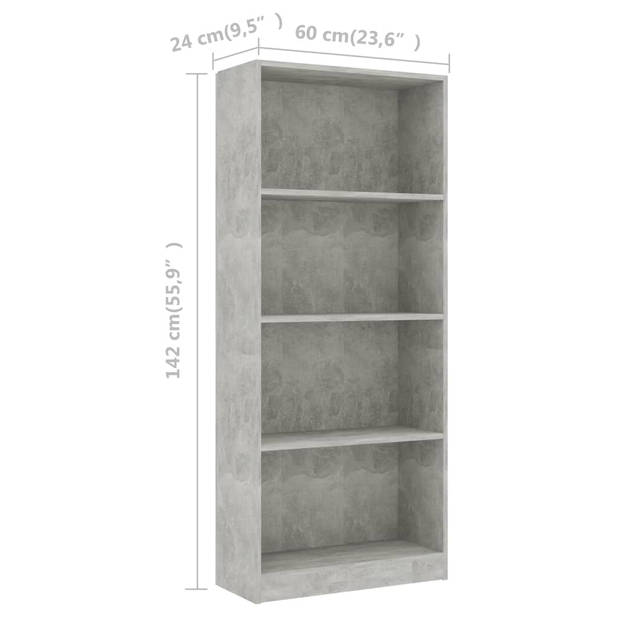 The Living Store Boekenkast - Betongrijs - 60 x 24 x 142 cm - Hoge boekenkast met 4 schappen - Eenvoudig te monteren -