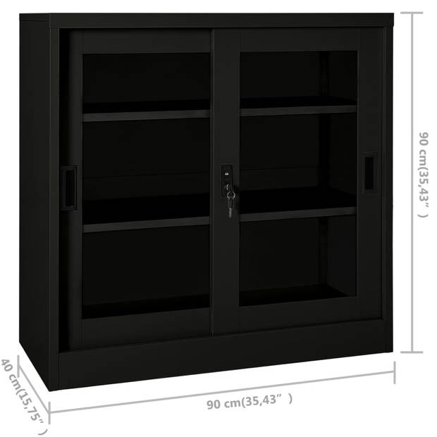 The Living Store Roldeurkast - Zwart - Staal en Gehard Glas - 90 x 40 x 90 cm - Met Schuifdeuren - 2 Verstelbare