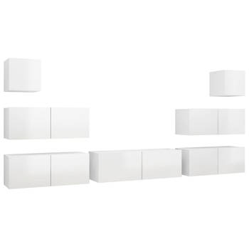 The Living Store Hangende TV-meubelset - Spaanplaat - Hoogglans wit - 4x 80x30x30 cm - 1x 100x30x30 cm - 2x 30.5x30x30