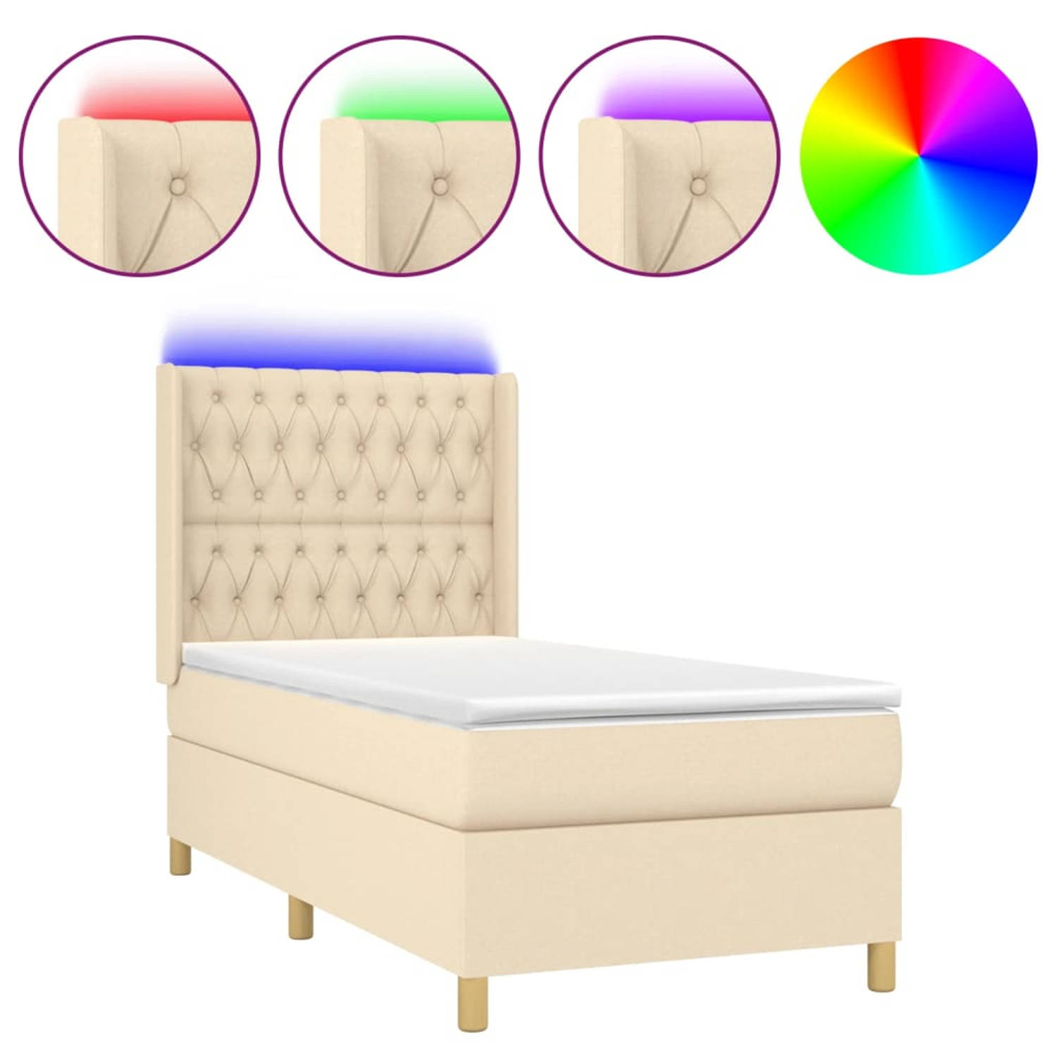 The Living Store Boxspring Bed - Crème - 203x93x118/128 cm - Verstelbaar hoofdbord - Kleurrijke LED-verlichting -