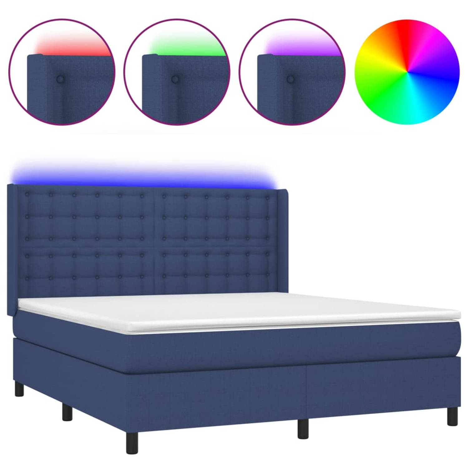 The Living Store Boxspring - Bed met LED-verlichting - Pocketvering matras - Huidvriendelijk topmatras - Blauw - 203 x 183 x 118/128 cm
