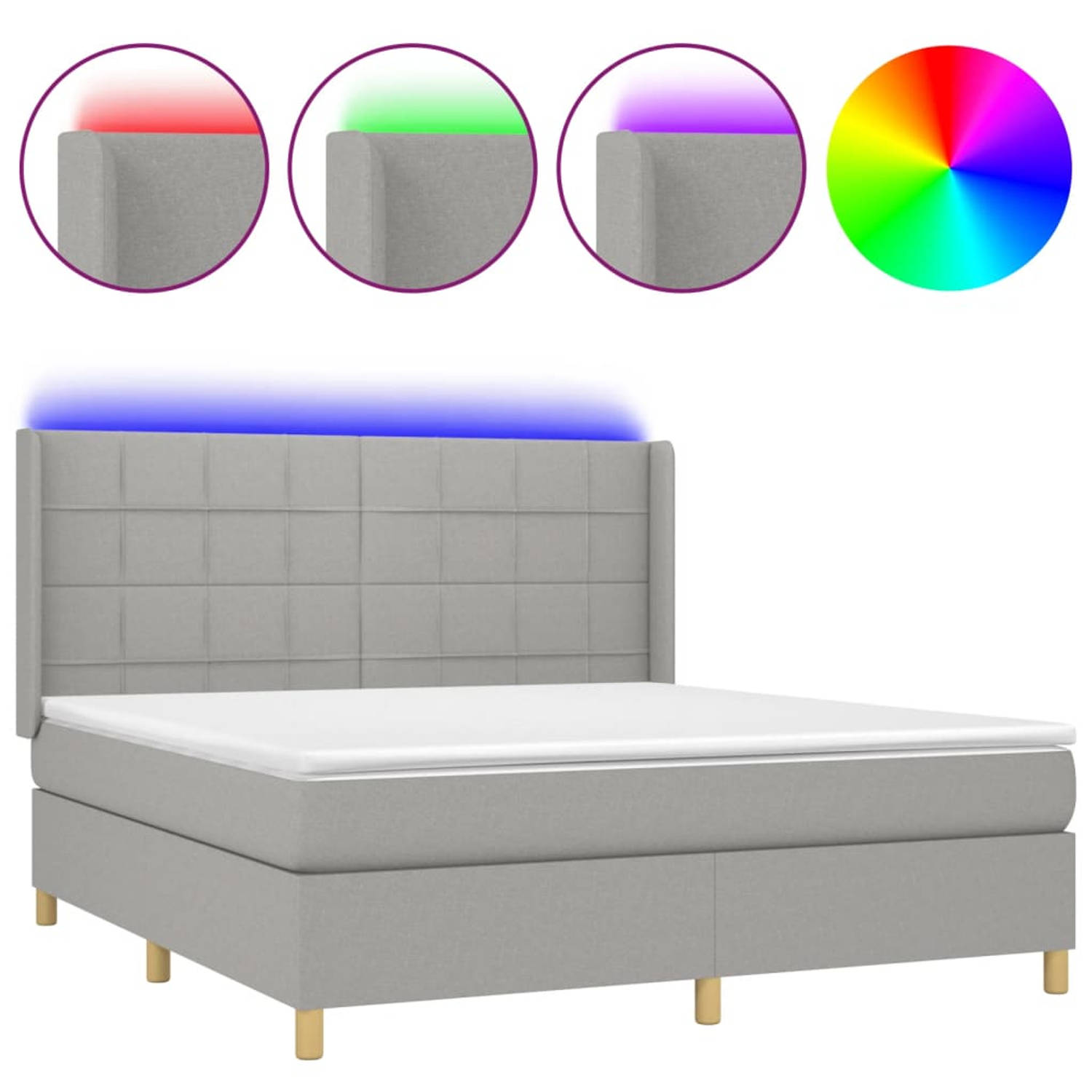 The Living Store Bed LED Boxspring - 203x183x118/128 cm - Lichtgrijs - Pocketvering matras - Huidvriendelijk topmatras - Kleurrijke LED-verlichting