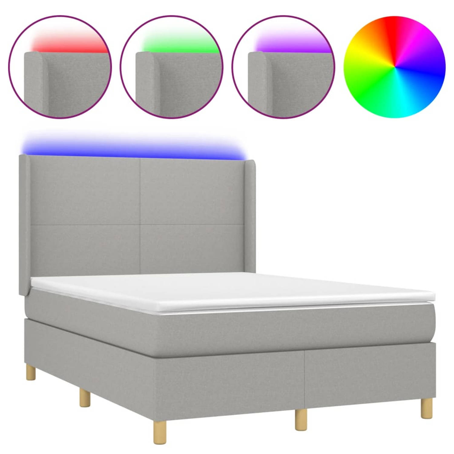 The Living Store Boxspring LED - 140x190 cm - Lichtgrijs - Pocketvering - Huidvriendelijk - Inclusief matras en topmatras - Met verstelbaar hoofdbord - Kleurrijke LED-verlichting -