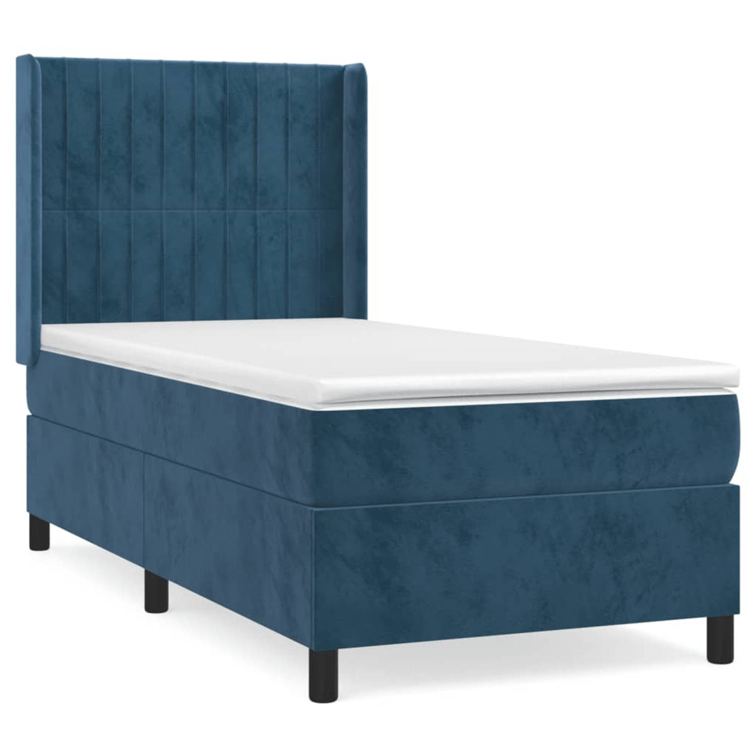 The Living Store Boxspringbed met fluwelen afwerking - Donkerblauw - 193 x 93 cm - Pocketvering matras en comfortabele ondersteuning - Huidvriendelijk topmatras - Eenvoudige montag