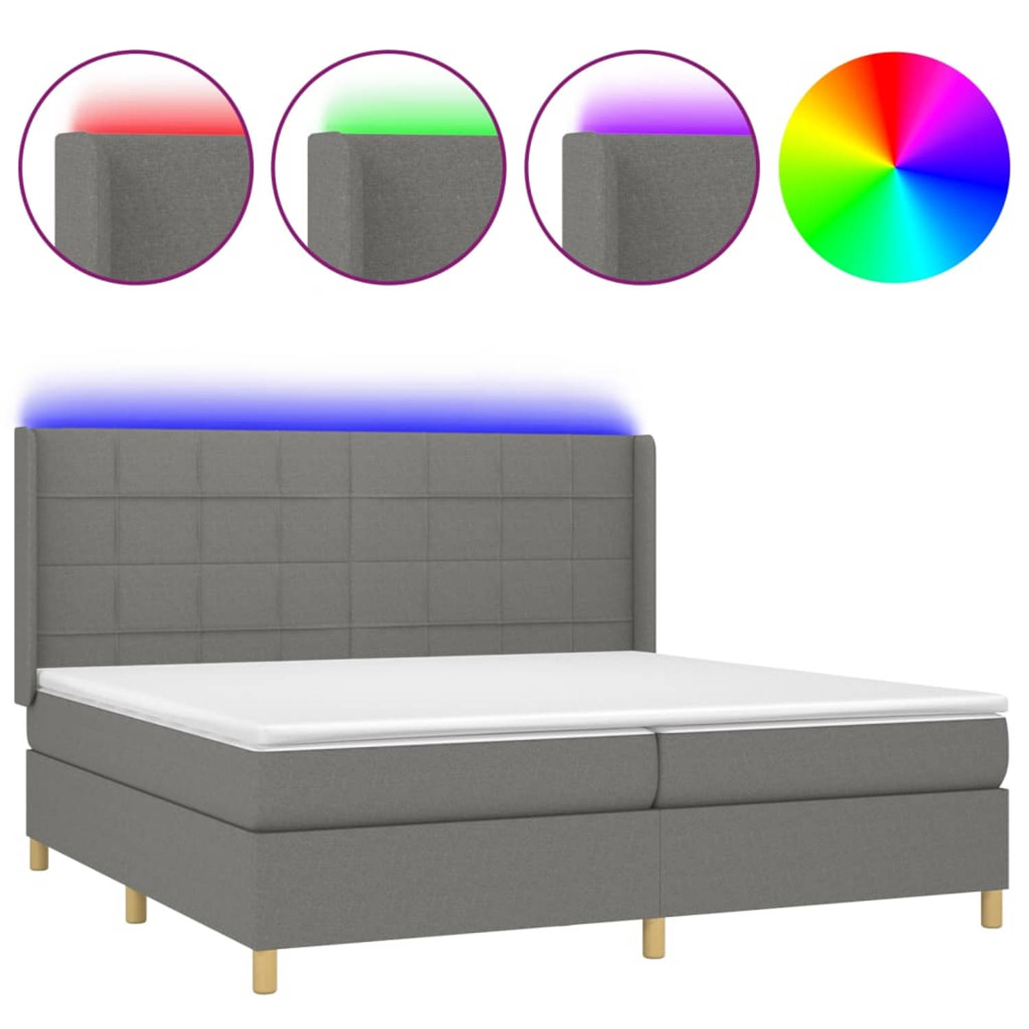 The Living Store Boxspring Bed - Donkergrijs - 203 x 203 x 118/128 cm - Verstelbaar hoofdbord - Kleurrijke LED-verlichting - Pocketvering matras - Huidvriendelijk topmatras - Inclu