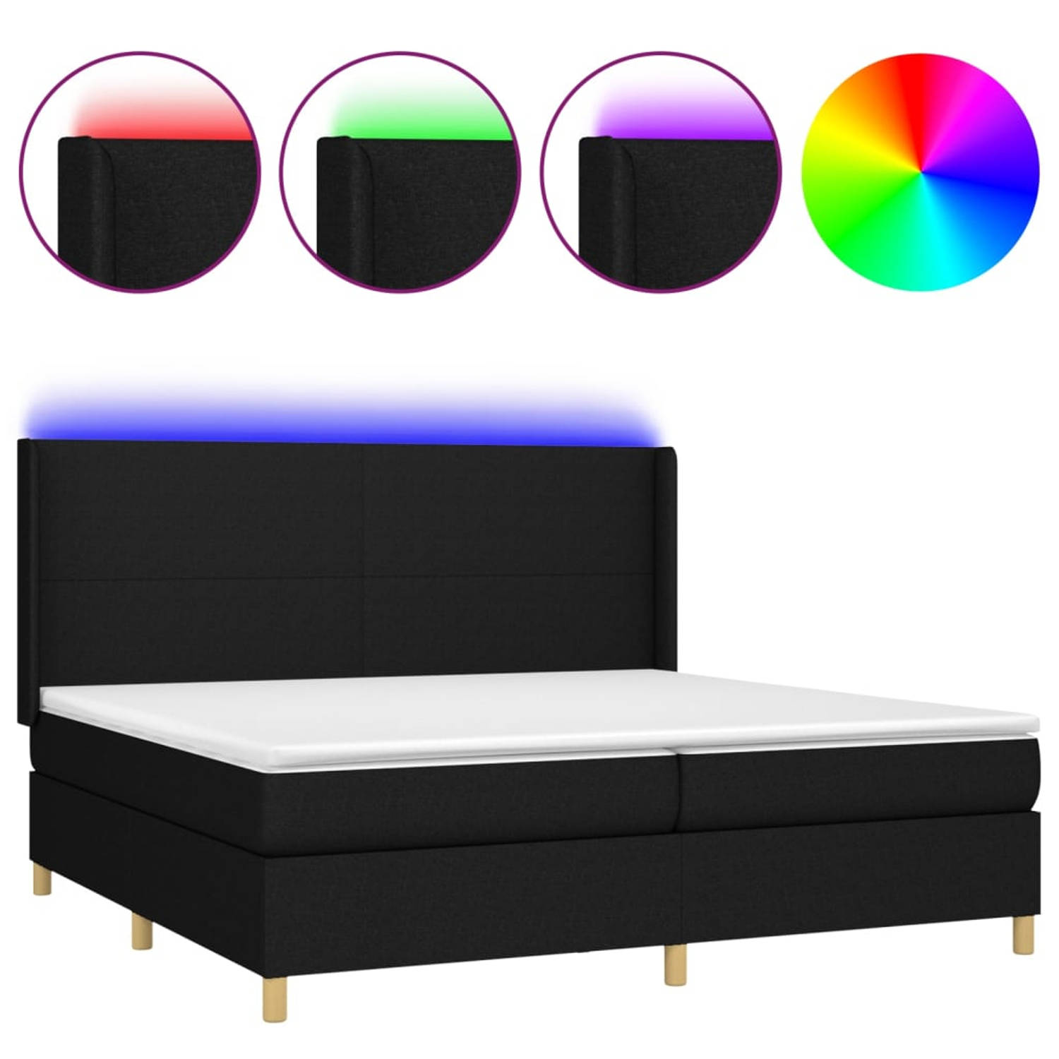 The Living Store Boxspring Bed - Zwart - 203 x 203 x 118/128 cm - Verstelbaar hoofdbord - Kleurrijke LED-verlichting - Pocketvering matras - Huidvriendelijk topmatras - USB-aanslui